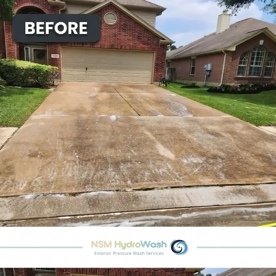 Driveway before power washing — dirty stained concrete